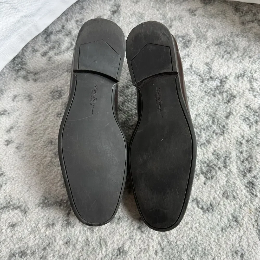 Salvatore Ferragamo Brown Patent Leather Black Gancini Bit Slip On Loafer 9 Shoe